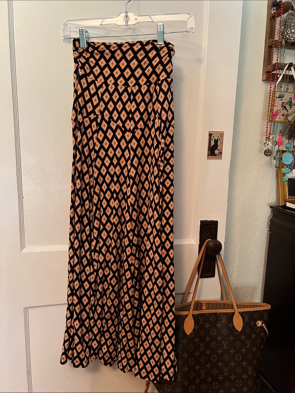 Anthropologie Black and Peach Diamond-Print Maxi Skirt